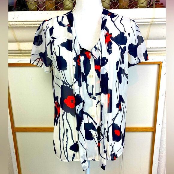 41 Hawthorn Floral Print tie at neck button  blouse chiffon pop of color - Picture 1 of 8